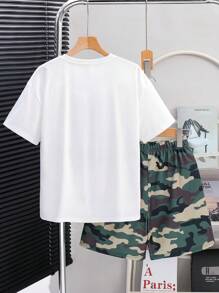 SHEIN 2 件套青少年男孩休闲百搭熊迷彩印花图案圆领宽松 T 恤和迷彩短裤套装，适合学校、花园、海滩、生日、春季、夏季、秋季、冬季 - 彩色 - 查看 3