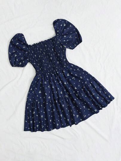 SHEIN Unity 海军蓝色底色小碎花灯笼袖多层荷叶边女式迷你连衣裙