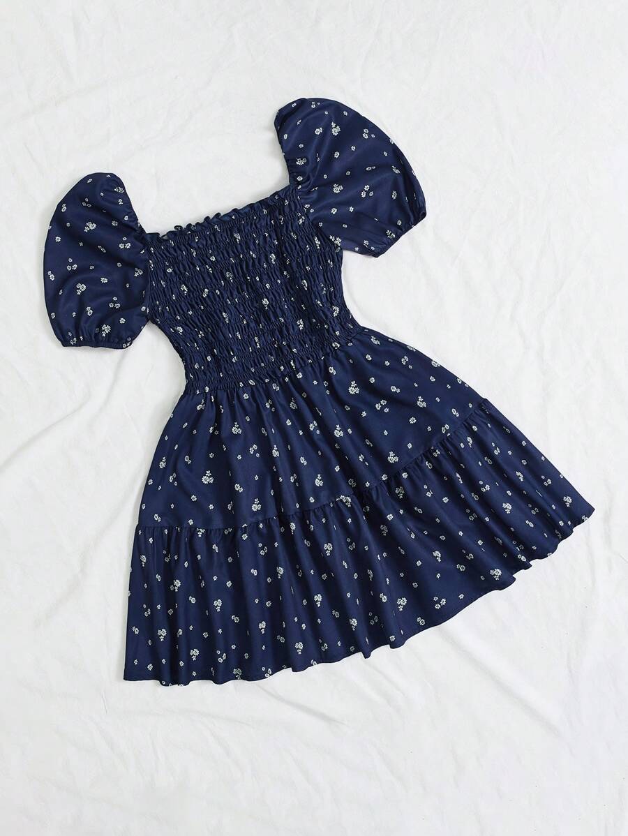 SHEIN Unity Navy Blue Base Tiny Ditsy Floral Lantern Sleeve Layered Ruffle Trim Mini Dress For Women - Navy Blue - View 1