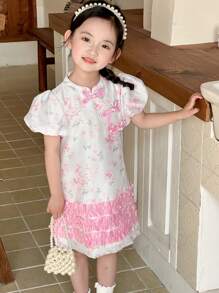 DAZY Vestido elegante y sencillo con estampado floral de manga corta para niña, conjunto de ropa de verano para niñas