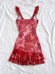 Soleia Women's Casual Vacation V-Neck Ruffle Hem Sleeveless Flared Gathered Dress, Double Layered Ruffle Hem