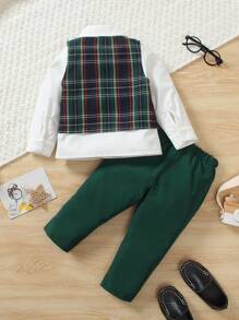 SHEIN 2er Set Kleinkind Jungen englischer Stil Weihnachten Karomuster Weste und Hose mit entspannter Passform, Herrenanzug in Weihnachtsrot und -grün, bequem und stylisch für Urlaubsfeiern, Weihnachtsveranstaltungen - Verschiedenfarbig - Übersicht 2