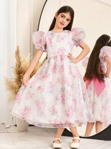 SHEIN Tween Girls Cute Round Neck Puff Sleeve Cinch Waist Floral Print Mid-Length Dress
