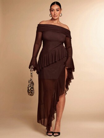 SHEIN BAE 大码女装春秋冬纯黑色网眼薄纱单肩荷叶边装饰高开叉下摆长裙，优雅性感连衣裙，甜美连衣裙，浪漫约会连衣裙，情人节连衣裙，新年连衣裙，节日连衣裙，派对连衣裙