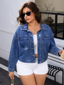 SHEIN Essnce Plus Size Solid Color Buttoned Pocket Long Sleeve Going Out Streetwear Denim Jacket - Blue - View 1
