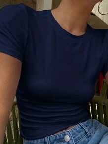 Livesso Camiseta de mujer de manga corta y ajuste ceñido de unicolor con cuello redondo para el verano, ropa de vuelta al colegio - Azul Marino - Ver 3