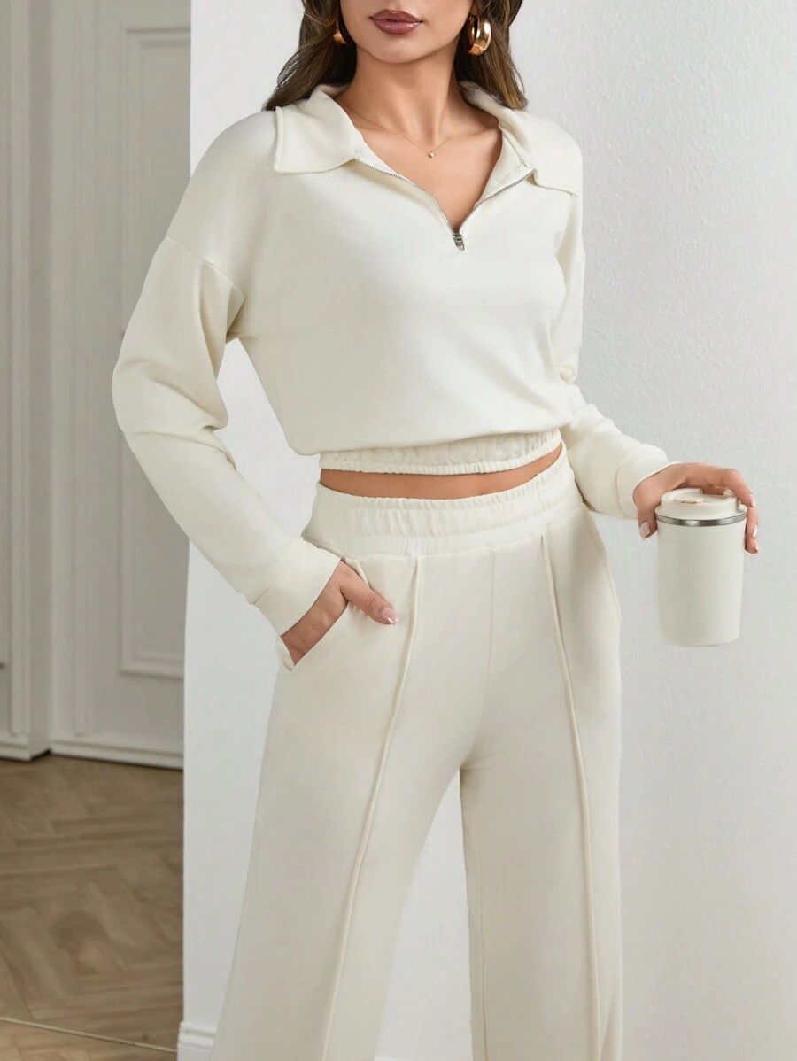 SHEIN Tall Women' Modal Soft Two-Piece Set With Zipper Collar - White - View 1