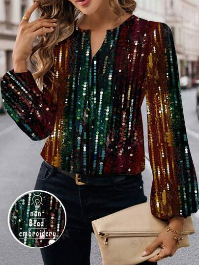 Glamance Warp Atelie Women Multicolor Blouses Long Sleeve Notched Party Colorblock,All Over Print,Plain,Striped Summer Outfits For Women Summer Tops Going Out