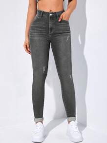 SHEIN EZwear SpringHigh Waist Ripped Skinny Jeans - Grey - View 4