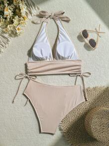 Swim Chiccia Bikini de un solo color sencillo para vacaciones en la playa - Caqui - Ver 2