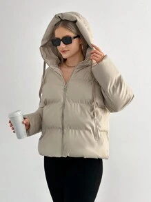 RueChic Plus Solid Zip Up Hooded Padded Coat - Apricot - View 5
