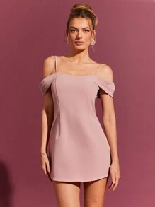 L'Amorae Cold Shoulder Simple Fashionable Backless Daily Casual Dress - Pink - View 5