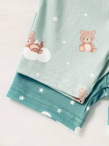 4 件装男婴舒适云朵和熊印花绿色短袖上衣和短裤套装，紧身衣家居服，适合夏季 - 綠色 - 查看 4