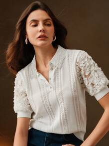 Anewsta 优雅现代仿珍珠水钻装饰 Polo 领拼布 3D 花卉袖镂空女式针织上衣 T 恤衬衫，情人节、暑假、新年