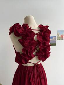 Soleia Women's Valentine's Day Red A-Line Ruffle V-Neck Backless Cross-Tied Waist Short Burgundy Dress, For Vacation & Back To School,Valentine Day,Dress For Women,Red Vintage Dress For Women,Birthday Dress For Women,Summer Dress For Women, Western Wear Woman - Burgundy - View 5