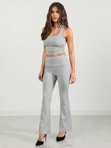 Glamine Women's Solid Color Sexy Tight Sleeveless Tank With Square Neck And Fashion Tight Flared Two-Piece Suit, Suitable For Club Wear