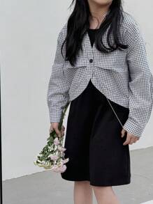 DAZY Tween 女童简约休闲日常衬衫裙 2 件套 - 黑與白 - 查看 3