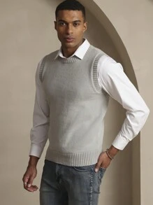 Manfinity Homme Men's Solid Color Crew Neck Sleeveless Knit Vest, Casual Everyday Wear