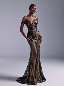 Elitara 优雅奢华露肩黑色撞色蕾丝亮片褶饰高开衩鱼尾长裙，适合婚礼、派对、舞会、活动、宴会、婚礼宾客礼服、正式礼服、晚礼服、长袍 - 黑色 - 查看 4