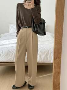 DAZY Solid Color Straight Leg Pants With Pockets, Elegant Casual Summer Women Suit Pants,Women Dress Pants Business Attire - Khaki - View 7