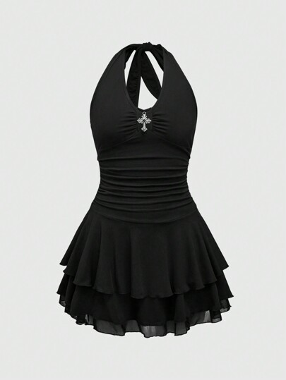 J-Fashion Punk Style Cross Decor Multi-Layer Necklace Mini Dress