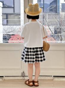 DAZY 年轻女孩 2 件套休闲卡通熊印花圆领短袖 T 恤和格子迷你裙，夏季 - 白色 - 查看 9