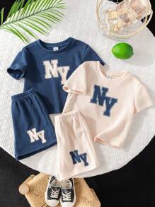 SHEIN 4pcs Set Of Baby Boy/Girl Letter Print Knit Soft Round Neck Short Sleeve Drop Shoulder Top And Elastic Waist Shorts