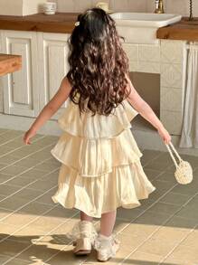 DAZY Vestido elegante de niña con tirantes de espagueti y pliegues de unicolor, conjunto de ropa de verano para niñas