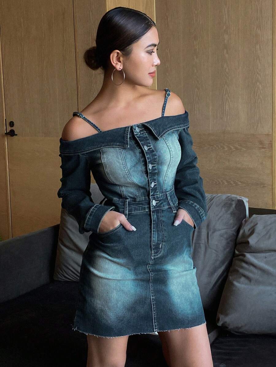 DAZY Robe courte à manches longues et épaules dénudées en jean délavé et déchiré, robe en jean décontractée pour femmes pour le printemps, l'été et l'automne