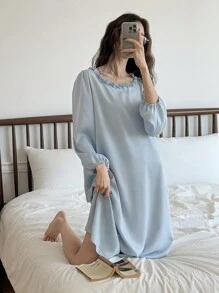 DAZY Satin Ruffle Neck Lantern Sleeve Nightgown, Sweet Pajama - Blue - View 6