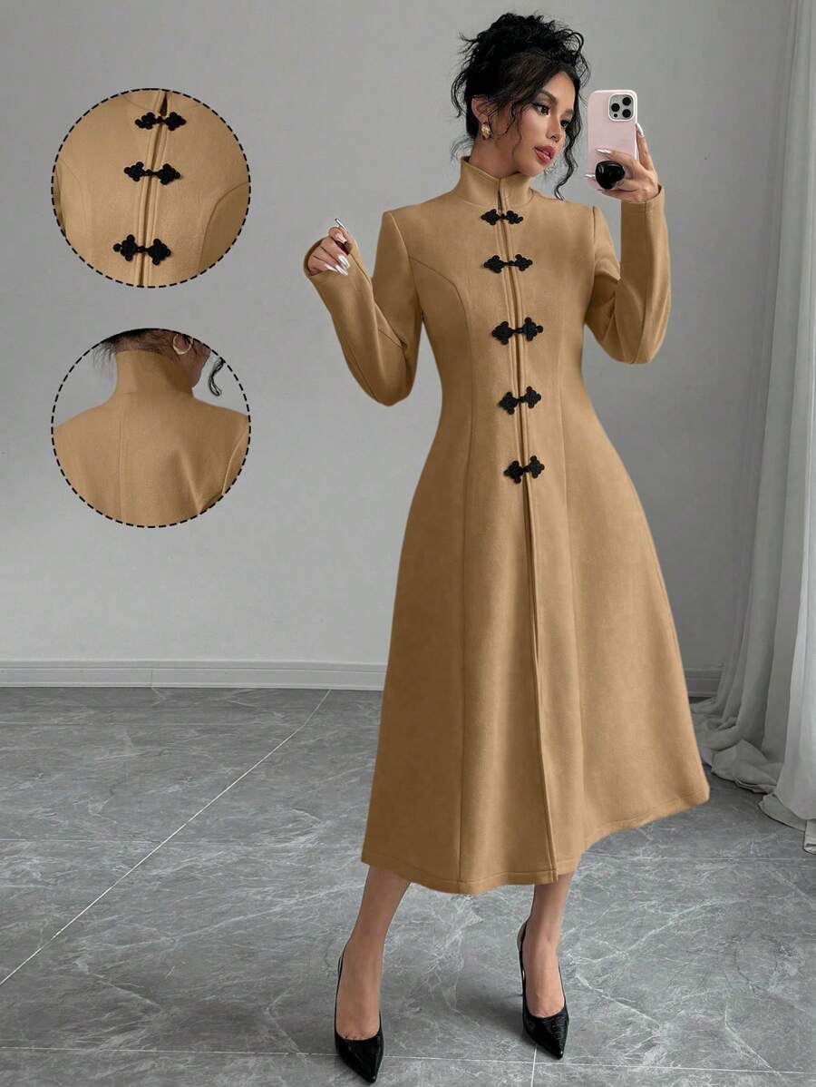 Elenzga Elegant Stand Collar Color Block Chinese Style Button Down Cinched Waist Long Thick Woolen Coat For Women, Autumn/Winter