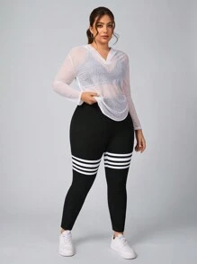 SHEIN Unity Plus Size Solid Color Patchwork High Waist Simple Slim Fit Jeans, Casual For Daily Wear Stretchy Knit Denim Apple Bottom Jeans - Black - View 5