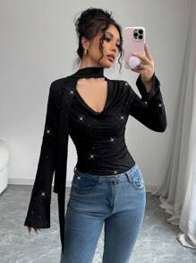 Elenzga Camiseta de mujer de punto con cuello alto y brillos de nueva moda