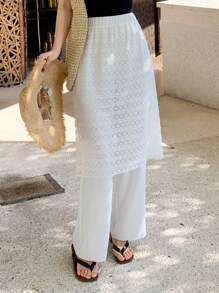 DAZY Casual Vacation Solid Color Contrast Lace 2 In 1 Women Long Pants, Spring/Summer - White - View 3