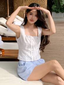 DAZY Maieu de damă, ocazional, de vacanță, boemă, de culoare solidă, cu textura legată, plisată, decupată, pentru vară - alb - Vizualizare 8