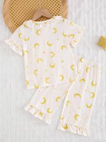 Young Girl Moon & Star Print Ruffle Hem Open Front Short Sleeve Pajama Set, Suitable For Family Gatherings - Yellow - View 2