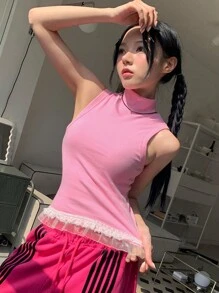 DAZY 女士纯色蕾丝下摆高领无袖背心，春夏 - 粉色 - 查看 5