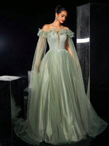 Glamrae Elegant Luxurious Off Shoulder Fluffy Dress With Embroidered Sequin Mesh Overlay, Suitable For Wedding, Party, Gala, Evening Occasion, Wedding Guest Dress, Formal Dress,Gown