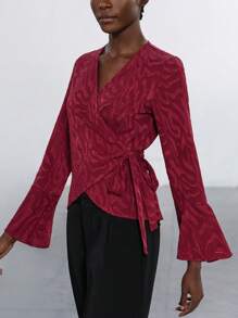 Aveloria Modichic Blusa de manga larga con cuello en V ajustada, mangas abullonadas y lazo lateral para mujer
