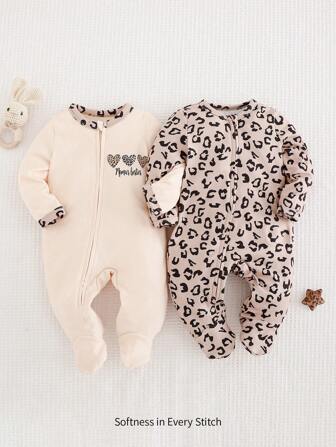 Cozy Pixies Neugeborenes Baby Mädchen 2-teiliges Set aus Strick-Romper mit Leopardenmuster und rundem Kragen, Langarm und Hose