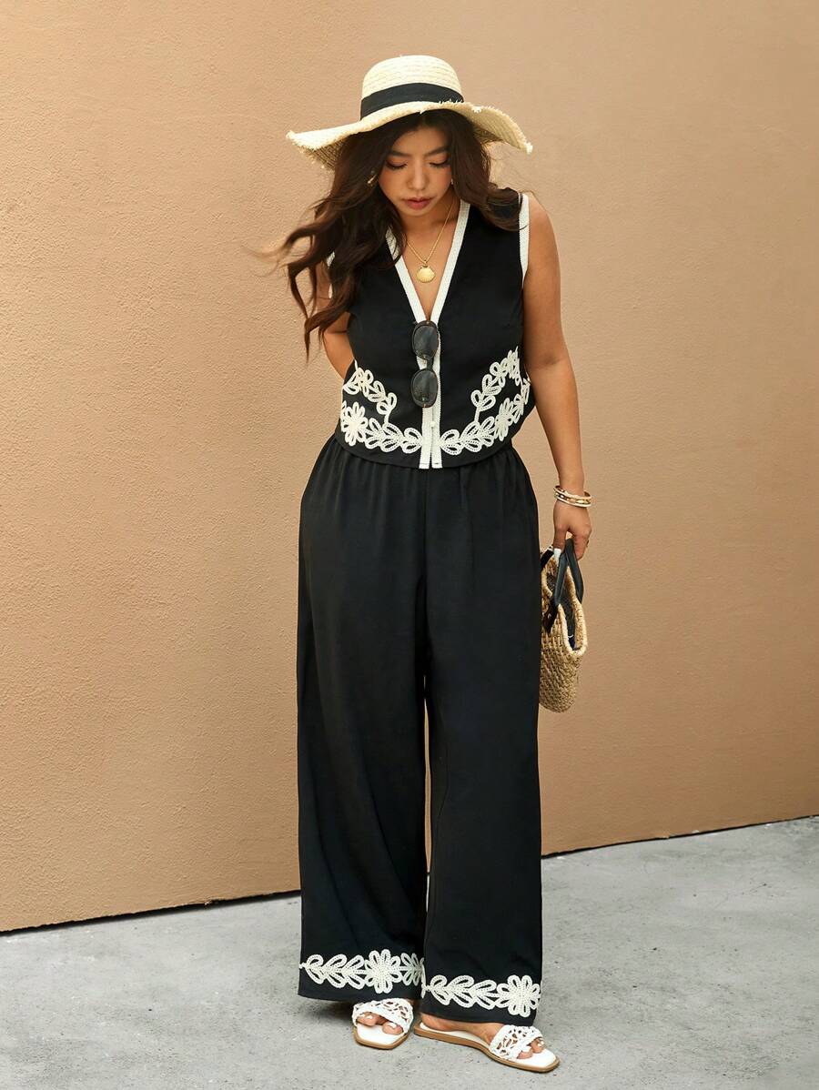 Elaquor 2 件大码女式杏色刺绣无袖背心和长裤套装 - 黑色 - 查看 1
