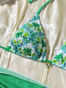 SHEIN Swim Bộ trang phục đi biển mùa hè 3 món cho nữ, áo ngực hở lưng, áo tankini ren hai bên họa tiết cây cọ, quần bikini buộc dây hai bên, váy đi biển xẻ tà buộc dây, phong cách lễ hội Boho - màu xanh lá - Xem 5