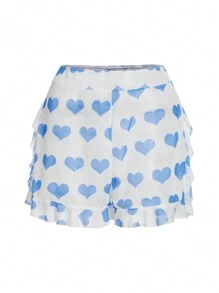 Swim Mod 1 件女式蝴蝶结细节心形印花连体度假泳衣和短裤，适合夏季海滩度假 - 藍色 - 查看 3