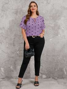 SHEIN Clasi 大码休闲优雅荷叶边心形印花夏季衬衫 - 紫色 - 查看 7