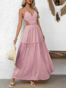 Breezaya Cut Out Waist Ruffle Hem Cami Dress Maxi Vacation Beach Outfits Women - Pink - View 5