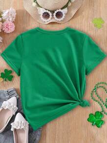 SHEIN Tween Girls Casual Fashionable Creative Leopard Print, Clover, Heart Graphic Short Sleeve T-Shirt