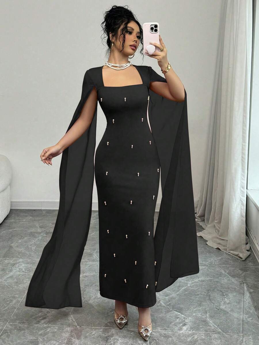 Rafferiza Vestido rojo elegante y de fiesta de chifón transparente con cuello cuadrado y detalles de rhinestone, tejido elástico, para otoño/invierno - Negro - Ver 1