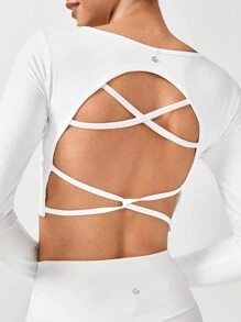 GLOWMODE Seamless Fitted Long Sleeve Crop Tee With Lace-Up Back Light Support Low Impact Yoga Pilates Daily Gym - White - View 1
