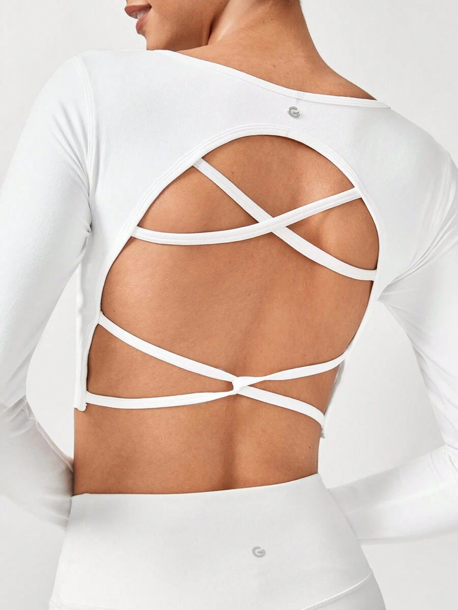 GLOWMODE Seamless Fitted Long Sleeve Crop Tee With Lace-Up Back Light Support Low Impact Yoga Pilates Daily Gym - White - View 1