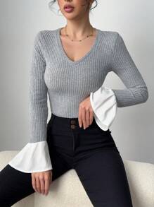 SHEIN Unity Women's Solid Color V-Neck Long Sleeve Casual Top, Minimalist Daily Wear Fall Cloth For Women - Light Grey - View 5